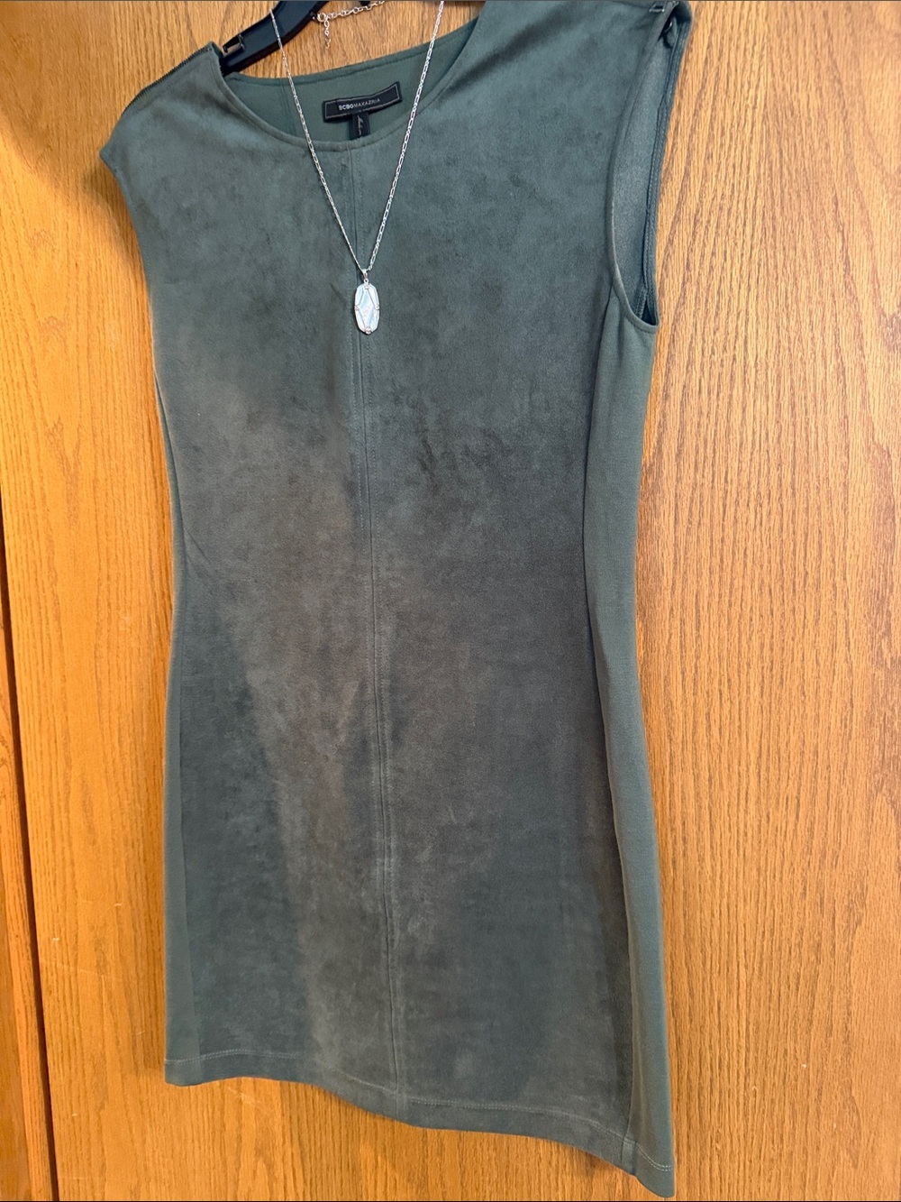 BCBGMaxAzria Olive Green Sleeveless Faux-Suede Shift Dress